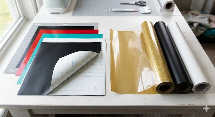 adhesive vinyl vs heat transfer vinyl rolls and finished projects side by side on a craft table
