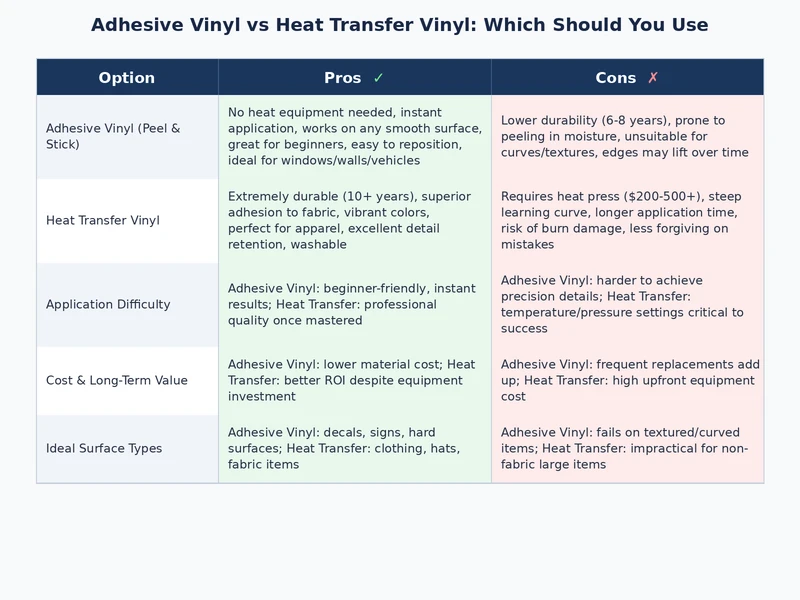 side-by-side comparison of adhesive vinyl vs heat transfer vinyl properties, ideal substrates, and durability ratings