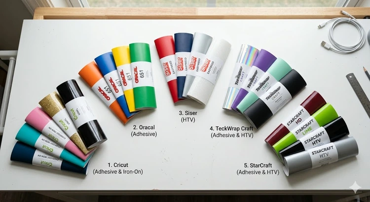 Best vinyl brands for Cricut and Silhouette including Oracal and Siser rolls laid out on a green cutting mat