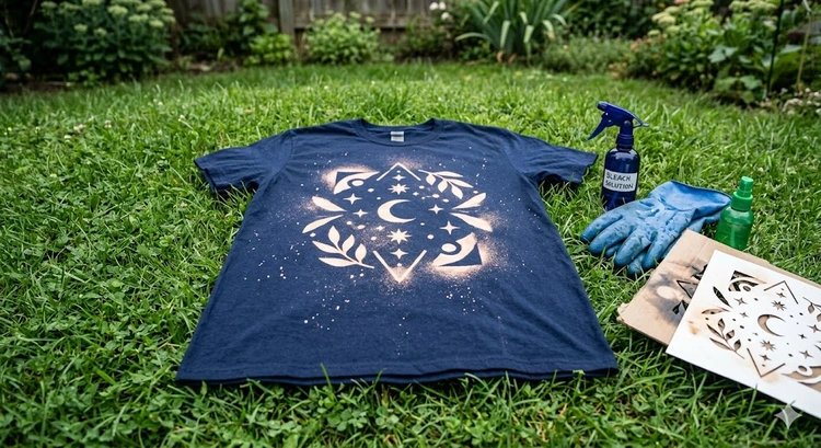 bleach printing on t-shirts using a spray bottle and vinyl stencil on dark cotton fabric