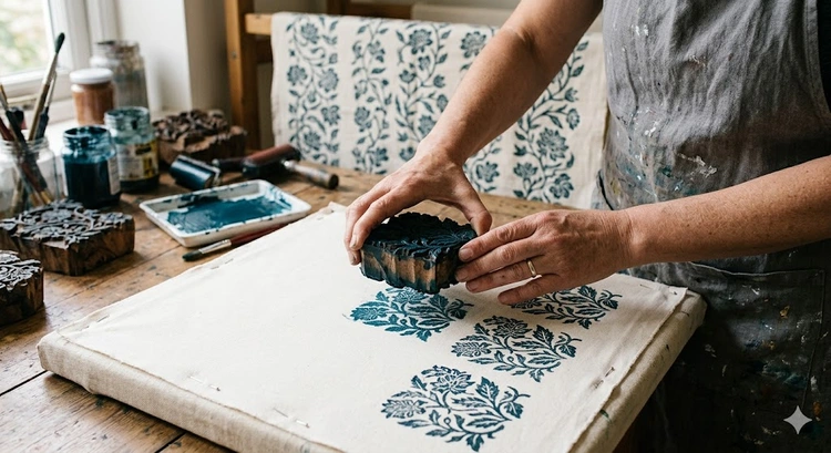 Block printing on fabric using a carved wooden block and textile ink on natural cotton