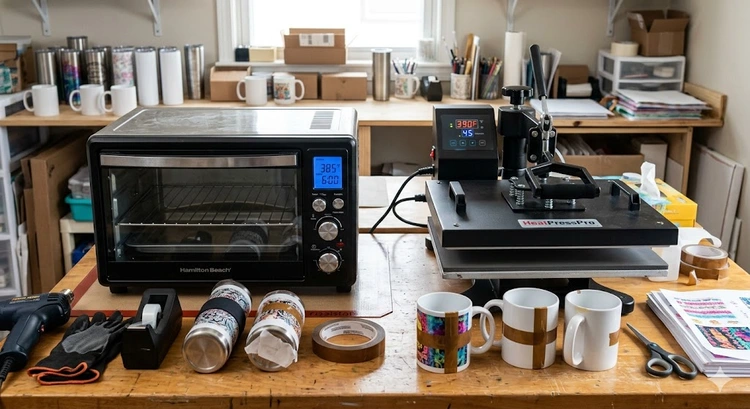convection oven vs heat press sublimation setup side by side on a craft workbench