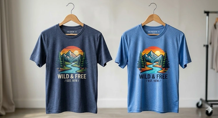 Cotton vs polyester t-shirt printing comparison showing fabric texture and ink adhesion differences