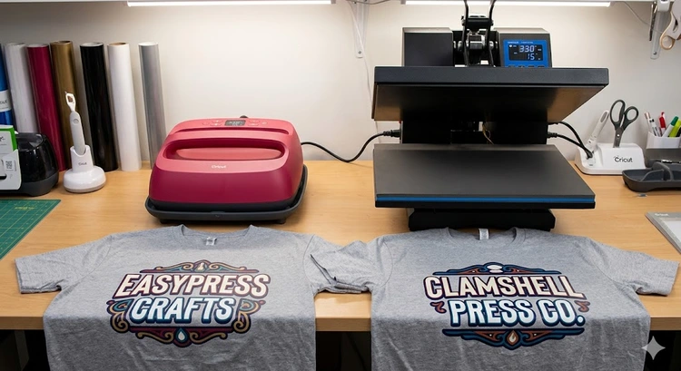 Cricut EasyPress vs heat press side-by-side comparison for HTV application on fabric