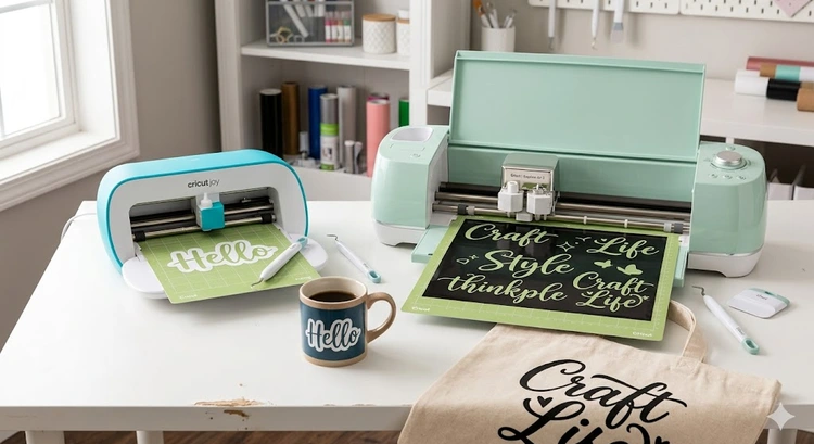 Cricut Joy vs Cricut Explore Air 2 side by side on a craft desk showing size difference