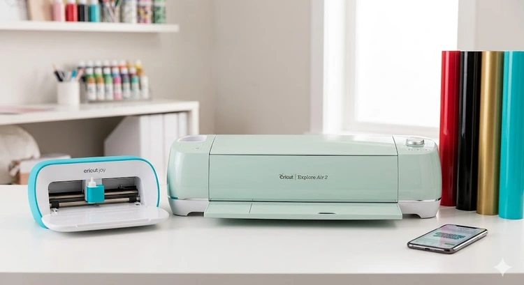Cricut Joy and Cricut Explore Air 2 side by side for vinyl cutting comparison