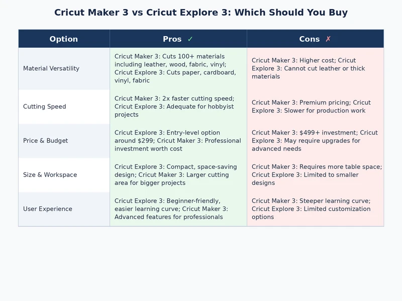 Detailed feature and specification comparison infographic for Cricut Maker 3 vs Explore 3