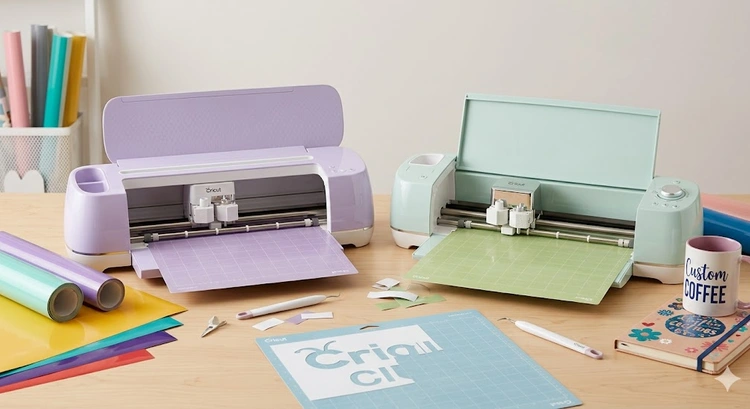 Cricut Maker vs Cricut Explore Air 2 side by side on a craft table showing design and size differences