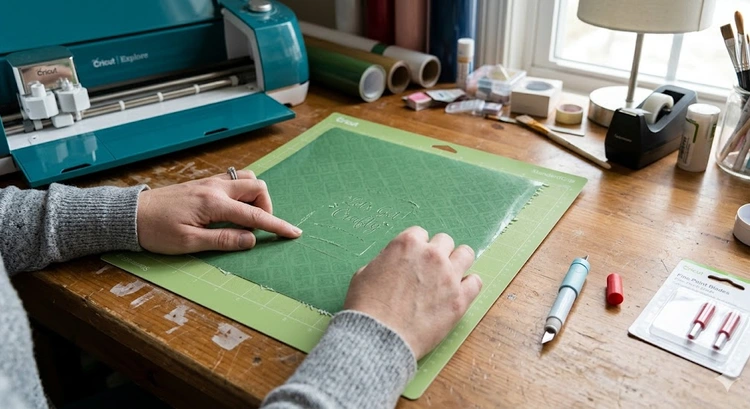 Cricut machine with vinyl sheet on cutting mat showing incomplete cut result