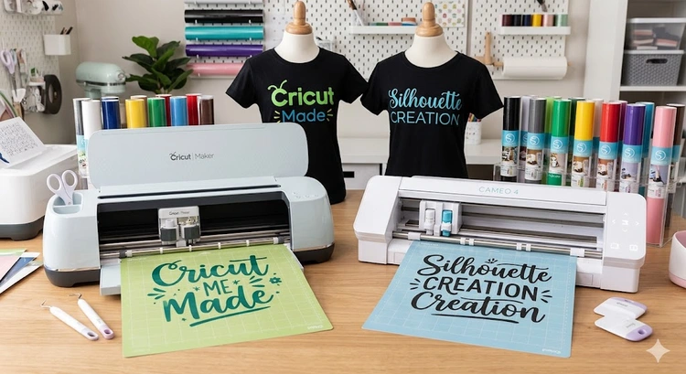 Cricut Maker and Silhouette Cameo vinyl cutters side by side for t-shirt vinyl cutting comparison