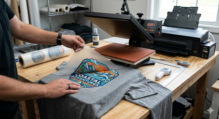 direct to film DTF printing process showing PET film, adhesive powder application, and heat press transfer onto fabric