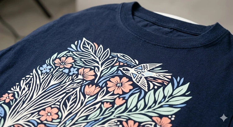 discharge ink screen printing on dark cotton t-shirt showing soft hand finish at fiber level