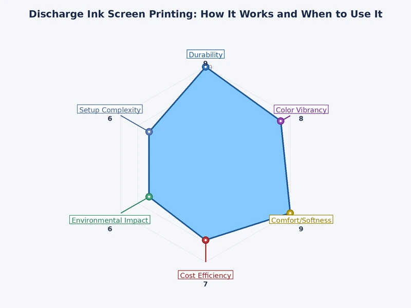 Chart comparing discharge ink versus plastisol and water-based ink across hand-feel, opacity, substrate compatibility, and cost