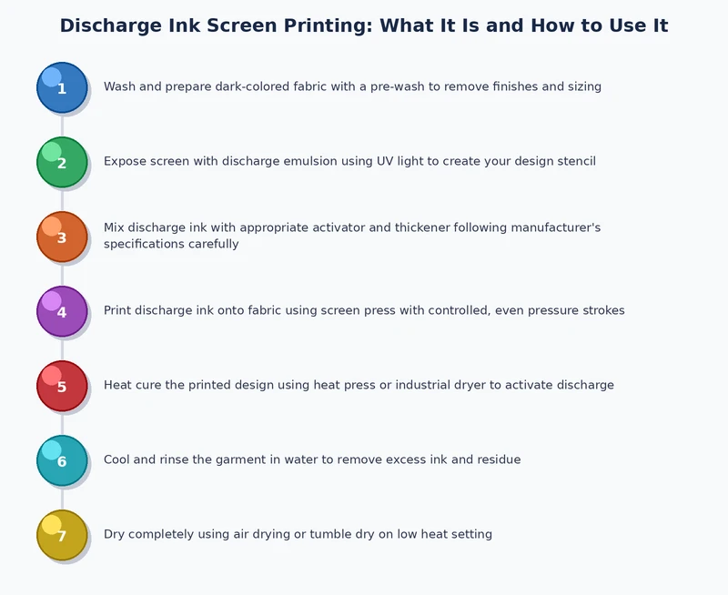 step-by-step discharge ink screen printing process diagram showing mixing curing and final result