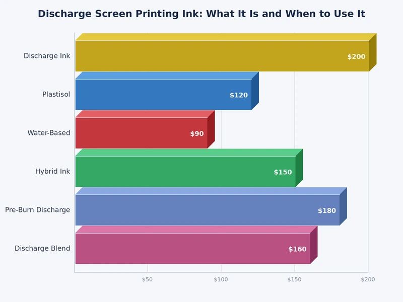 Chart comparing discharge screen printing ink to plastisol and water-based ink across softness, opacity, and durability