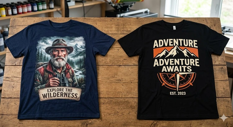 DTG printing vs screen printing comparison of finished t-shirt results on cotton fabric