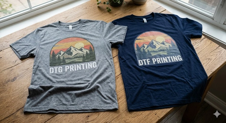 DTG vs DTF printing side-by-side showing a direct-to-garment printer and DTF film transfer sheets