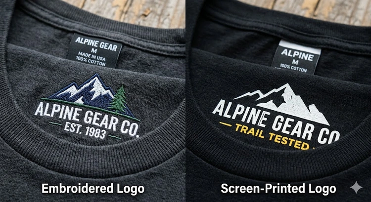 Embroidery vs screen printing t-shirts side by side on cotton fabric after repeated washing