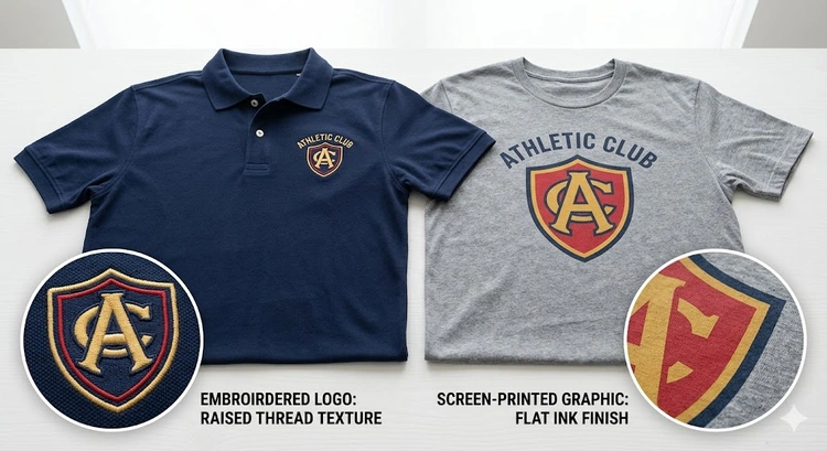 embroidery vs screen printing for t-shirts side by side on polo and crew neck garments