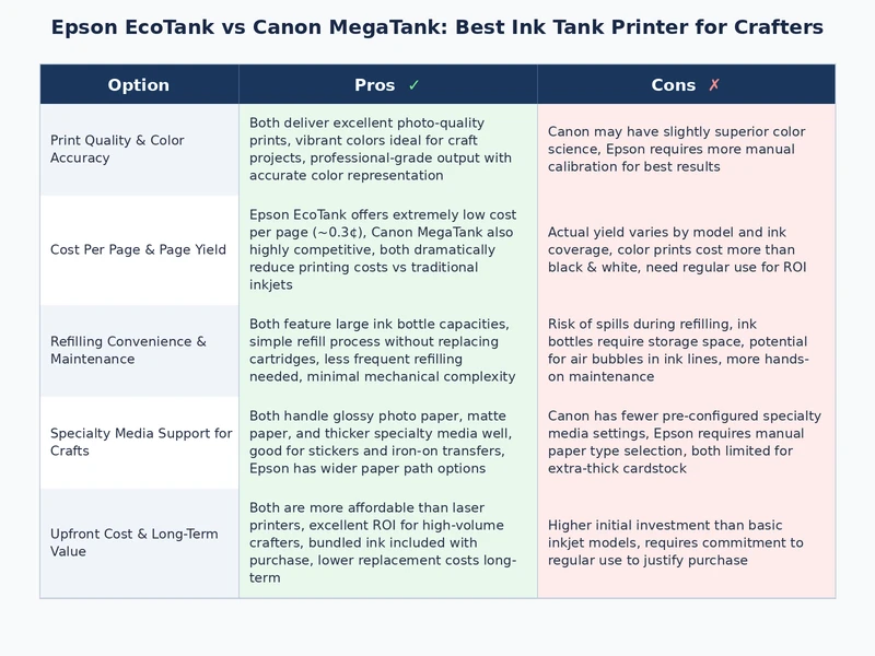 Epson EcoTank vs Canon MegaTank feature comparison chart for craft printing use cases