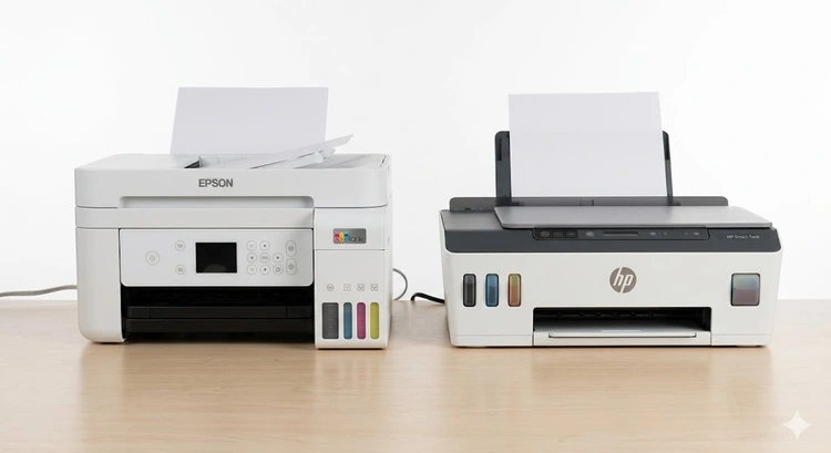 Epson EcoTank vs HP Smart Tank printers positioned side by side on a craft studio workbench for comparative evaluation