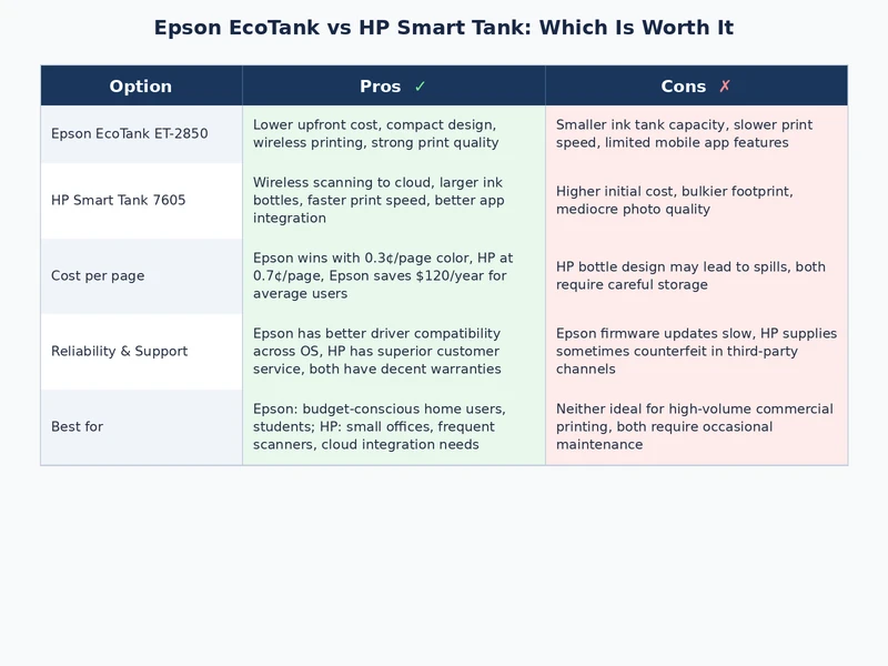 Five-year total cost of ownership comparison chart for Epson EcoTank vs HP Smart Tank across entry, mid-range, and photo configurations