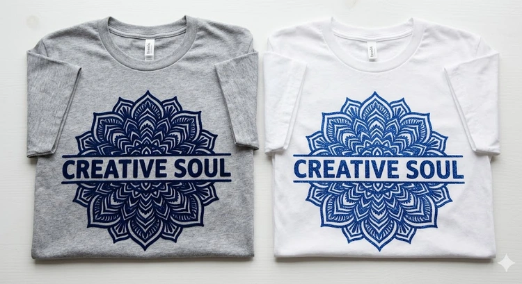 flock htv vs glitter htv comparison showing velvet texture and glitter sparkle on shirts