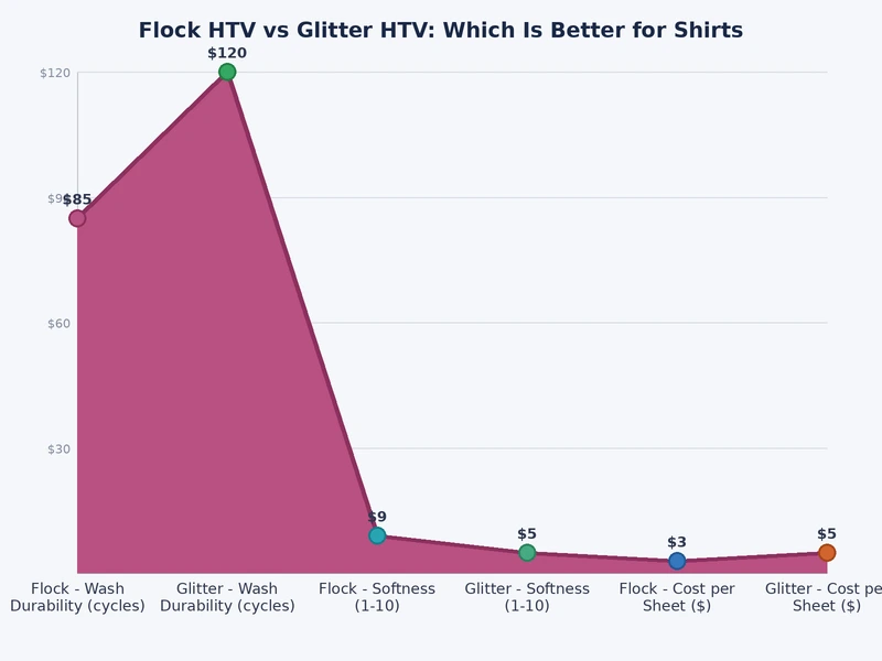 bar chart comparing flock htv vs glitter htv on durability, weeding ease, visual impact, and wash performance
