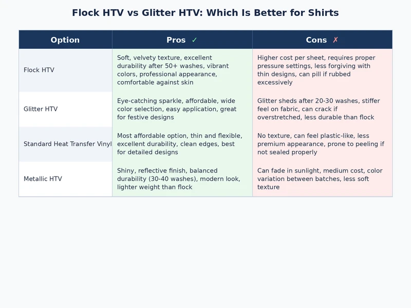 flock htv vs glitter htv side by side application steps and wash durability comparison infographic