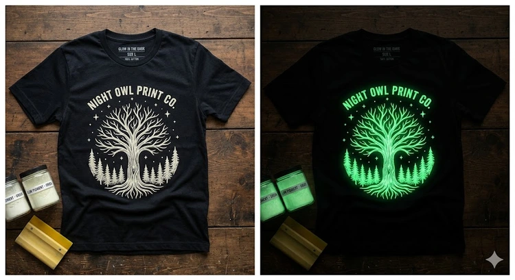 foil printing on t-shirts showing gold and silver metallic finish on black fabric