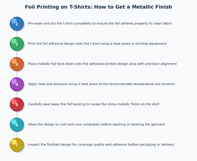 step-by-step process diagram showing the foil printing on t-shirts sequence from adhesive press to foil peel