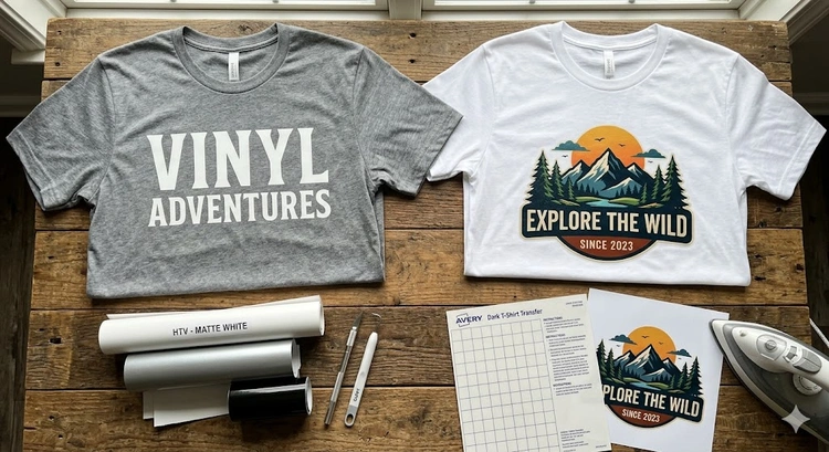 Heat transfer vinyl sheet and iron-on transfer paper side by side on a craft table