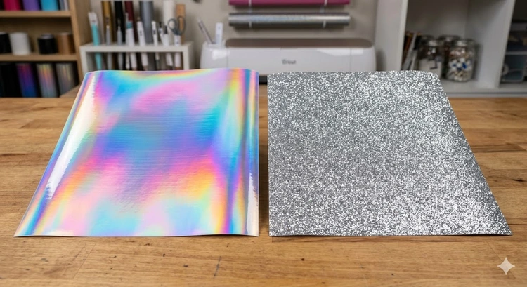 Holographic vinyl vs glitter vinyl sheets side by side showing rainbow diffraction and glitter sparkle effects