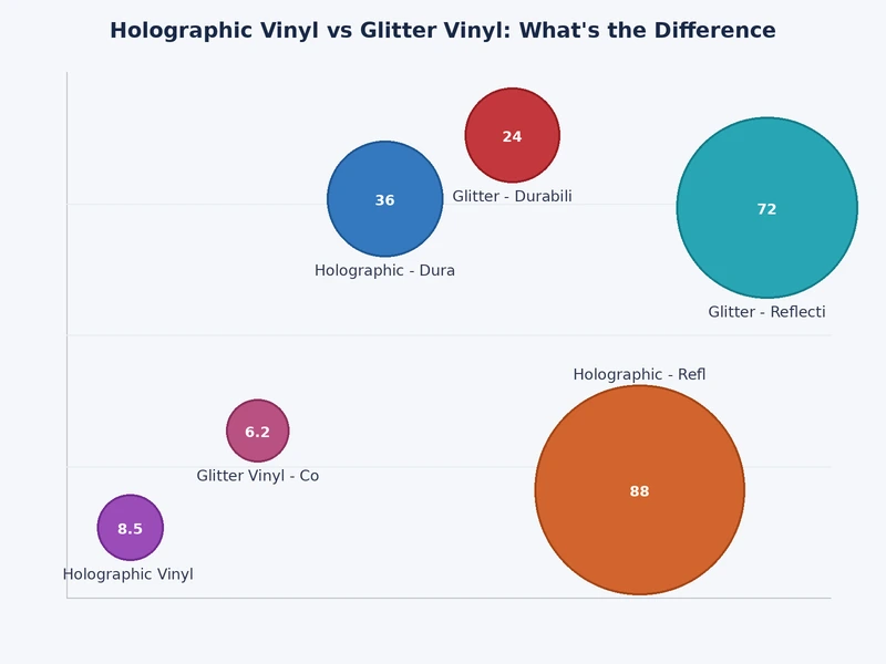 Chart comparing holographic vinyl vs glitter vinyl across durability, cutting ease, texture, and outdoor suitability