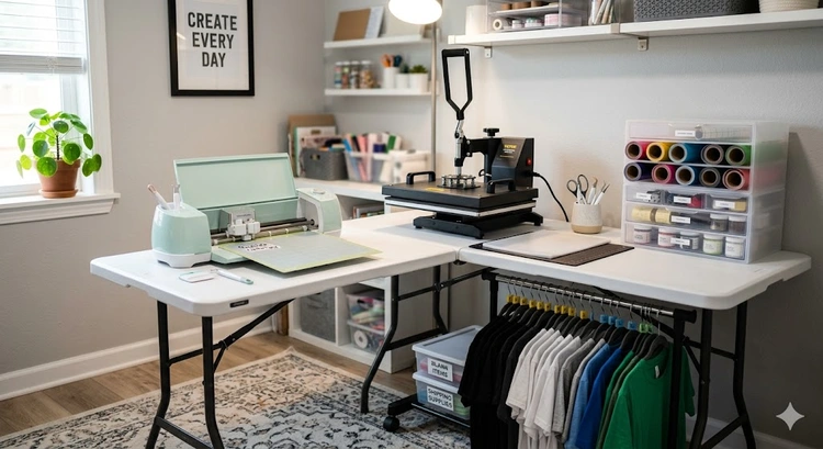home t-shirt printing station setup with heat press vinyl cutter and supplies organized on a workbench