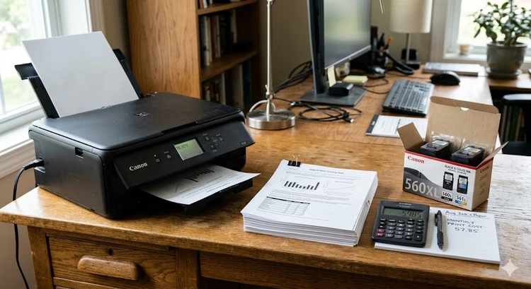 Monthly cost breakdown of running a home printer showing ink, paper, and device amortization costs