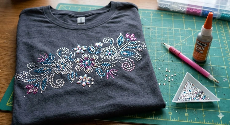 how to add rhinestones to t-shirts using hotfix gems and glitter heat transfer vinyl on a heat press