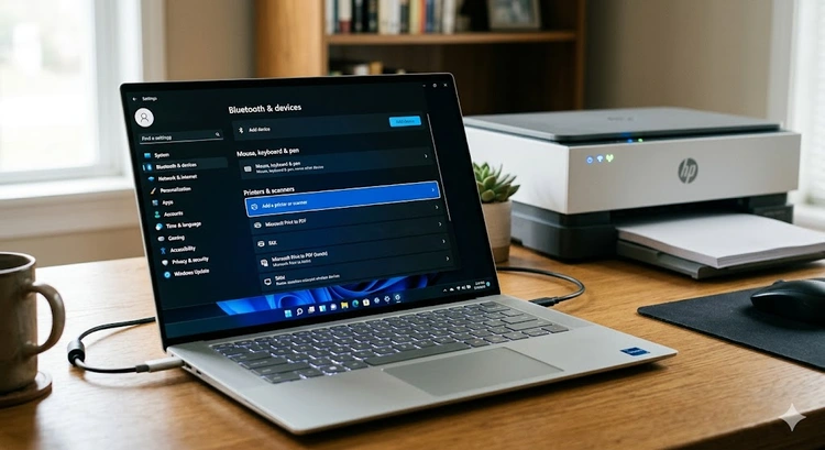 Windows 11 Settings panel showing Printers and scanners screen for how to add printer in windows 11