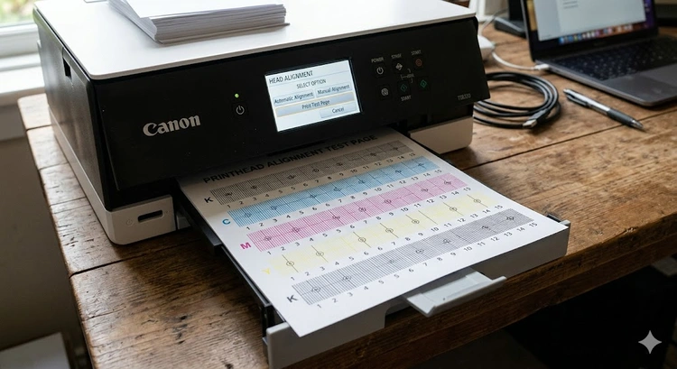 How to align printer heads using the printer's built-in alignment utility on a calibration sheet