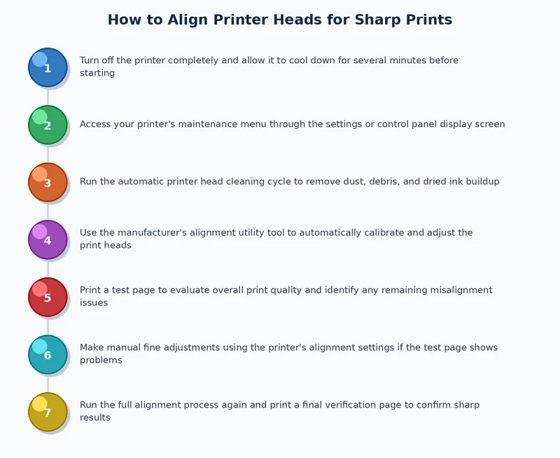 Step-by-step process diagram showing how to align printer heads from nozzle check through final test print