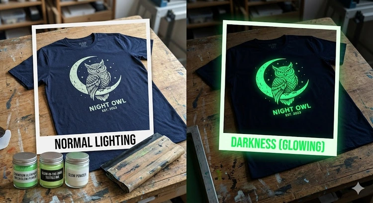 glow in the dark t-shirt printing with phosphorescent HTV design on black cotton fabric glowing green in darkness