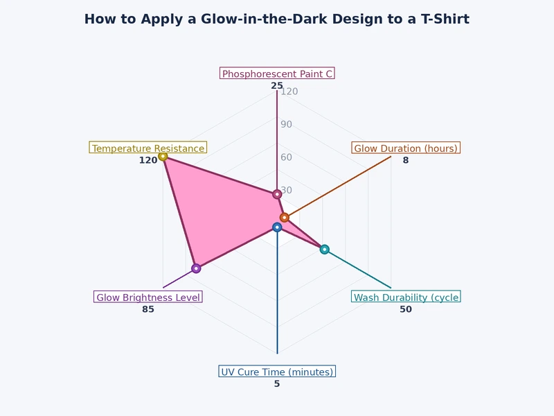 comparison chart of glow in the dark t-shirt printing methods rated by brightness, setup cost, detail level, and volume suitability