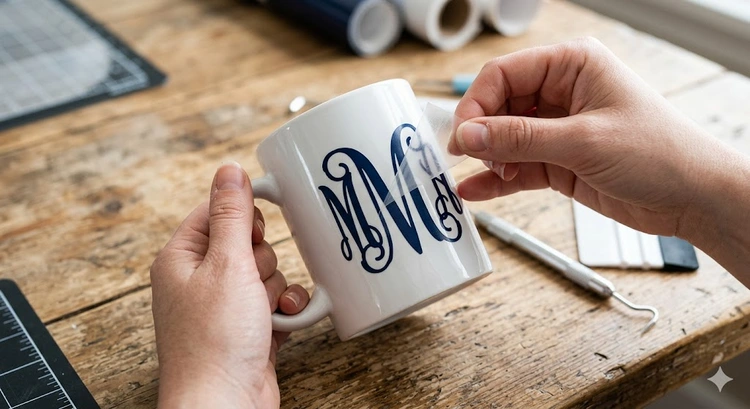 Permanent vinyl decal cleanly applied to a ceramic mug using transfer tape