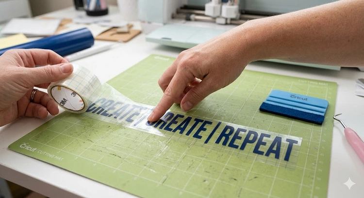 Applying transfer tape to a weeded vinyl decal on a cutting mat