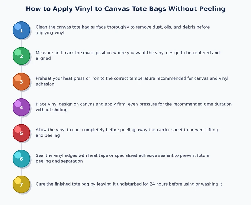 step-by-step process diagram for applying vinyl on canvas tote bags from pre-press through final peel