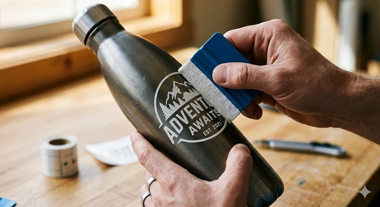 applying vinyl decal to a curved stainless tumbler surface without bubbles using hinge method