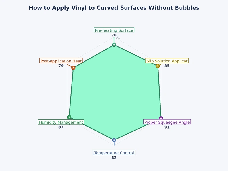 bar chart comparing bubble occurrence rates across dry hinge, wet application, and direct press vinyl methods on curved surfaces