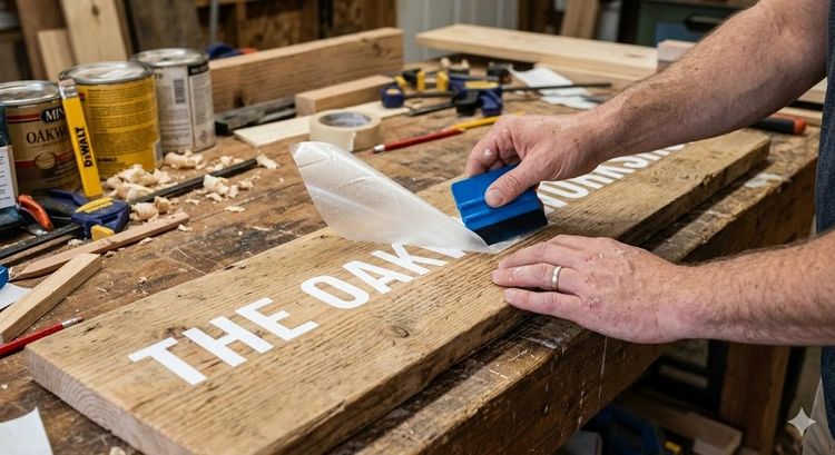 applying adhesive vinyl to a wood sign using a squeegee for bubble-free adhesion