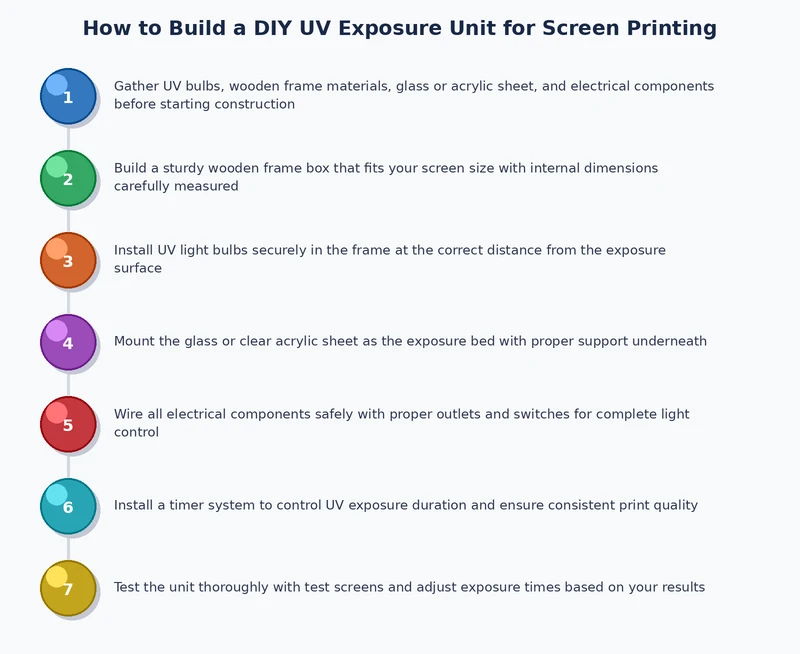 Step-by-step DIY UV exposure unit build process diagram showing LED strip wiring and glass lid assembly