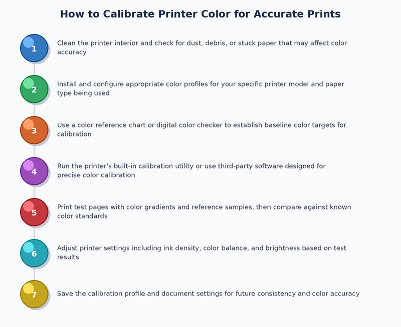 Step-by-step printer color calibration process diagram: print target, measure patches, generate ICC profile, validate output